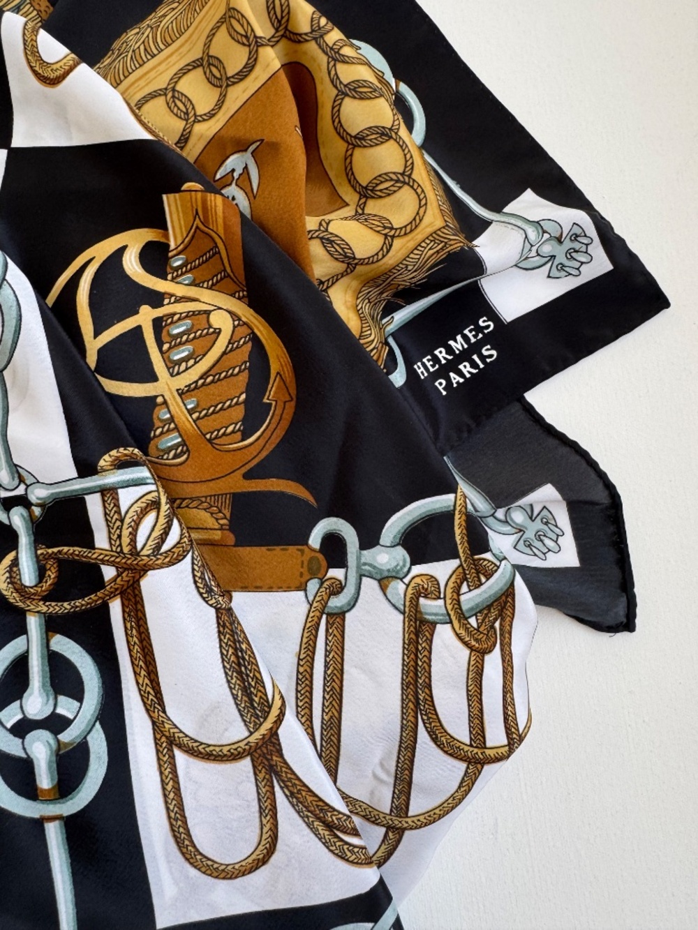 Hermes Paris "Cliquetis" Silk Scarf Black Gold Equestrian Sword Tassel Print
